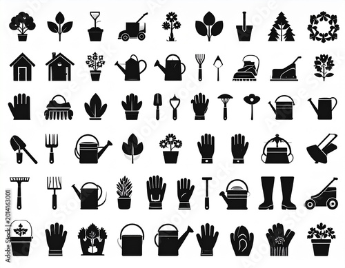 Gardening and nature vector icon set with tools, plants, flowers, and landscaping symbols isolated on white background.