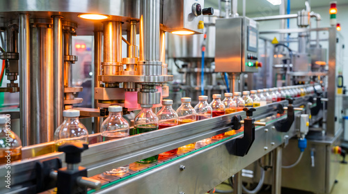 Automated beverage filling production line in operation with glass bottles on conveyor belt