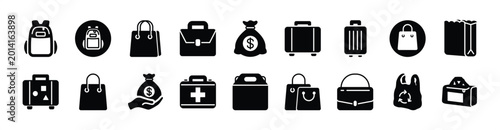 Bag icon vector set. Contains backpack, suitcase, baggage, briefcase, paper, shopping, food, plastic, money, tote, pouch, medicine, box, first aid kit, sport, suitcase - illustration