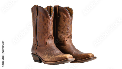 Foto Isolated pair of rustic brown leather cowboy boots featuring traditional Western