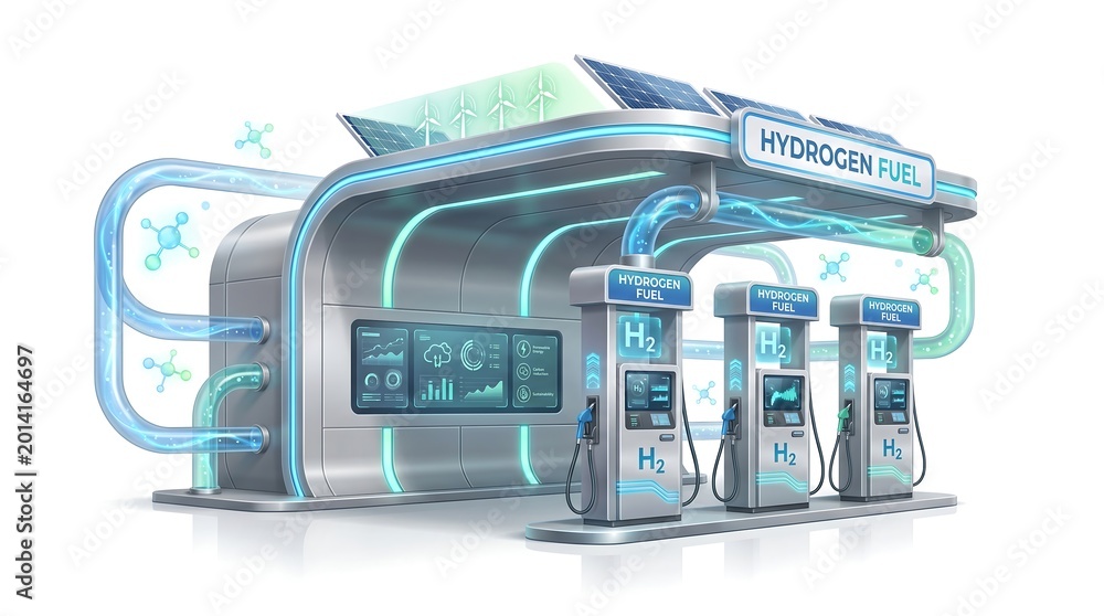 Fototapeta premium Futuristic hydrogen fuel station with solar panels and glowing lights hydrogen technology renewable alternative automotive transport friendly sustainability
