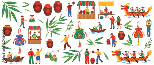 Illustration of Dragon Boat Festival customs including dragon boat racing, zongzi rice dumplings, sachets, and mugwort leaves