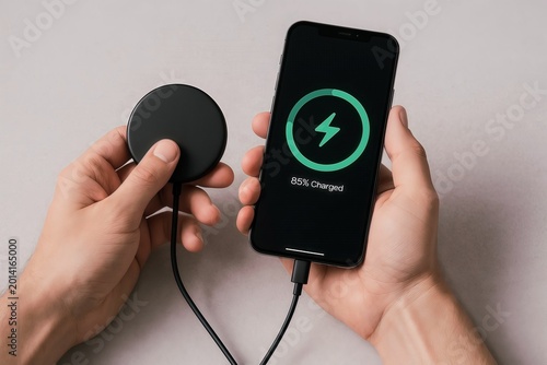Hand holds a modern smartphone while attaching a magnetic wireless charger showing the battery charging status on the screen
