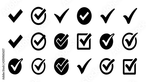 Foto Collection of various check marks and tick boxes in black and white with illustr