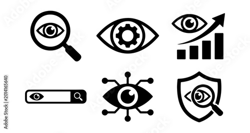 Schilderij op canvas Set of various eye and vision related icons and symbols in black and white with
