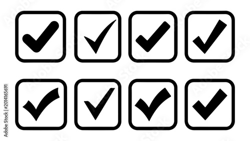 Fényképezés Black checkmark icons in white squares arranged in a grid with checkmark illustr