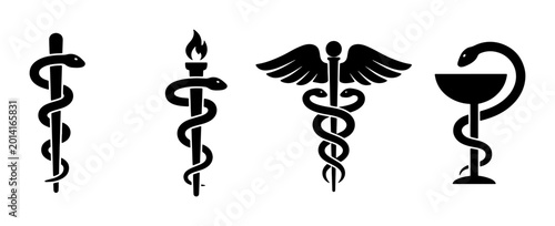 Fotografie Medical Symbols Collection: Caduceus, Rod of Asclepius, Bowl of Hygieia, Snake a
