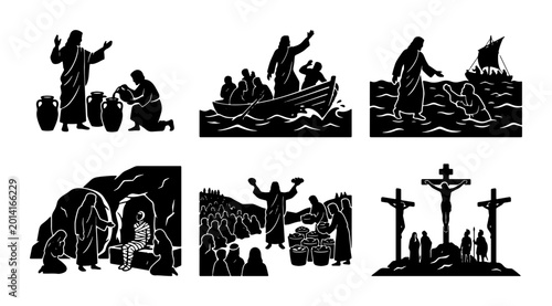 Bilde på lerret Biblical Jesus Miracles and Crucifixion Vector Icons Set, Religious Storytelling
