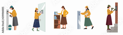 Fotografía Set of female detective characters using security systems and keypads for investigation, mystery, and escape room concept illustrations