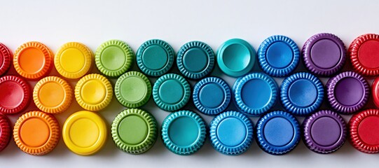 Disposable plastic caps arranged in color gradient along lower border with white space above