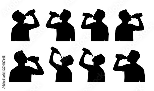 Cuadro en lienzo Silhouette Set: Man Drinking from Bottle, Eight Poses Vector Collection, Hydrati