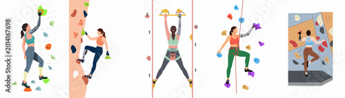 Bild auf Leinwand Diverse women with prosthetic limbs climbing at an indoor rock gym, showcasing strength and determination in adaptive sports and paraclimbing activities
