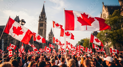 A vibrant canada day celebration unfolds in ottawa showcasing a sea of canadian flags and a joyful crowd gathered in front of parliament hill