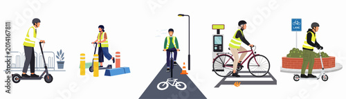 Canvastavla Illustrations of people safely using electric scooters and bicycles in urban settings, wearing helmets and high-visibility vests for sustainable and eco-friendly city commuting