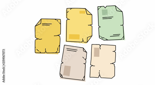 Five scattered, stylized paper fragments in yellow, green, and beige tones