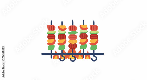 Five skewers of meat and vegetables grilling over a fire