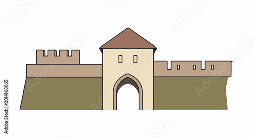 Flat cartoon illustration of a castle gate with crenellations and an arched entryway