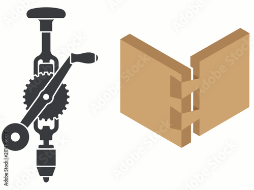 Fotografija A hand-held drill precisely creates a dovetail joint in wood