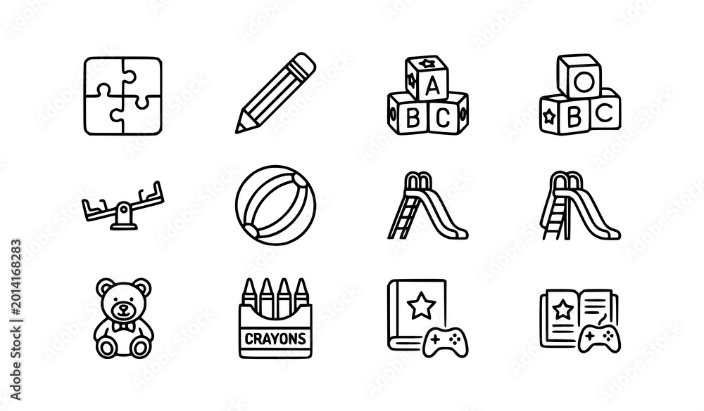 Fototapeta premium Kindergarten outline icon set playground puzzle pencil toy education vector isolated on white background