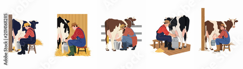 Obraz na płótnie Set of illustrations featuring a male farmer manually milking cows into buckets and cans, depicting traditional dairy farming scenes in a rustic style
