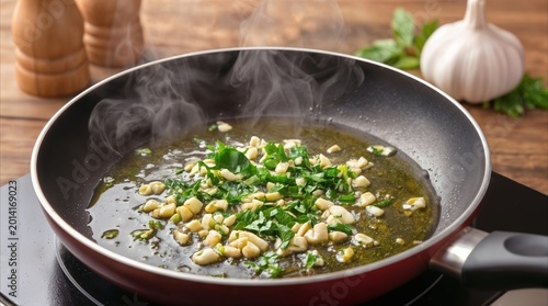 Minced garlic and parsley frying in hot oil inside a red pan. Sautéing aromatic ingredients for a Mediterranean dish on an induction cooktop.