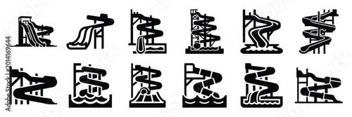 Foto Summer beach icon set with water slide 12 black silhouette icons.