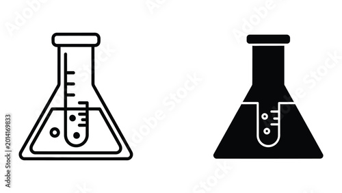 Foto Two laboratory volumetric flasks with liquids and stoppers