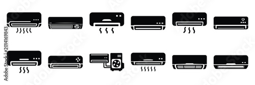 Photos Summer beach icon set with air conditioner 12 black silhouette icons