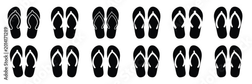 Obraz na płótnie Summer beach icon set with flip flops 12 black silhouette icons.