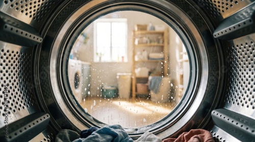 Wide angle view from inside a washing machine drum looking at a bright sunny laundry room
