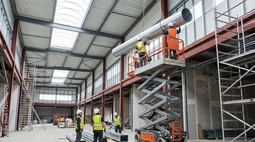 HVAC technician team installing commercial ventilation ductwork in warehouse