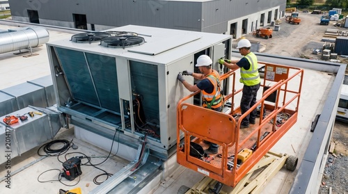 Scissor lift mechanical rooftop repair by hvac technicians on building