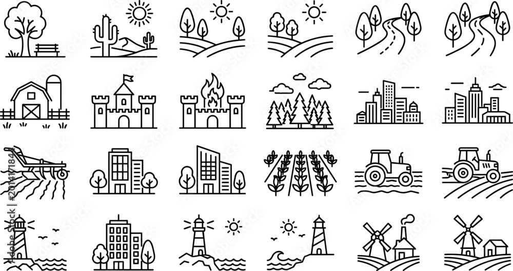 Fototapeta premium Rural landscape and agriculture line icon set with farm nature countryside and eco environment illustrations collection