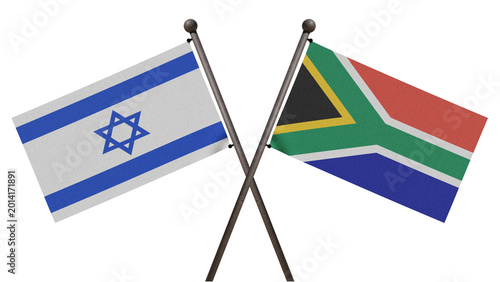 Bild auf Leinwand 3D render of South Africa and Israel flags crossed on white background, symboliz
