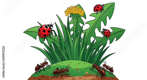 Bild auf Leinwand Cartoon illustration of a dandelion plant with ladybugs and ants