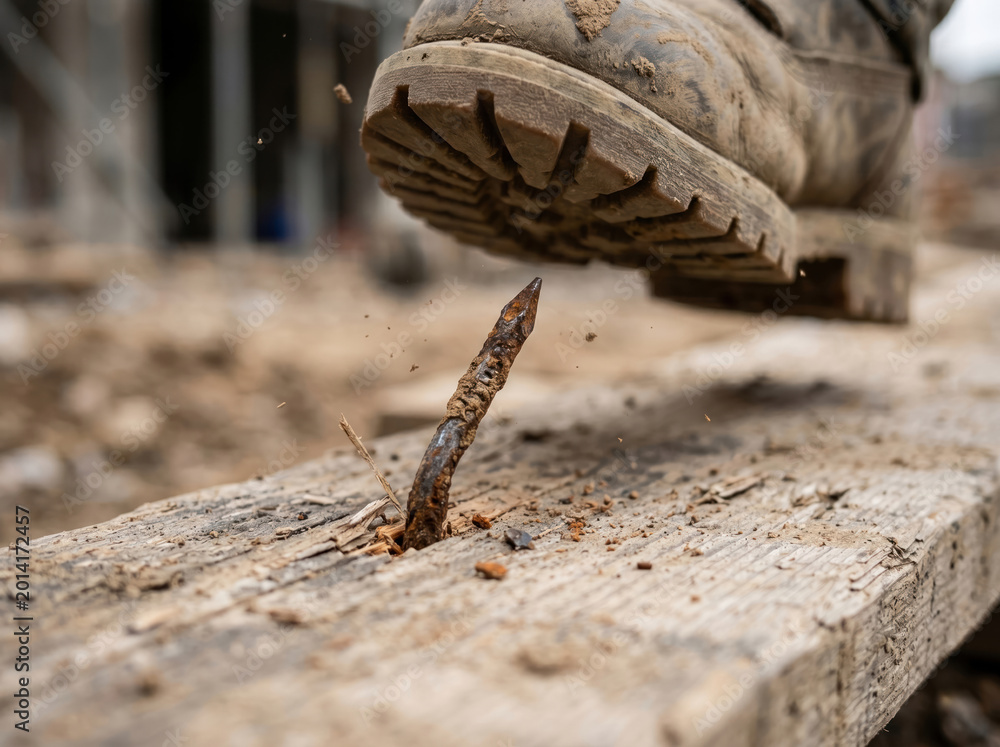 Obraz premium Rusty Nail Hazard Near Worker Safety Boot Showing Workplace Accident and Injury Risk