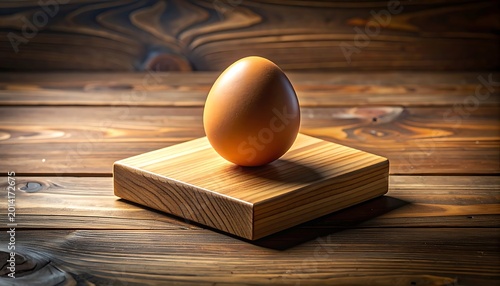 Single brown chicken egg balanced on a small wooden block, rustic wooden background, natural lighting, food and farming concept