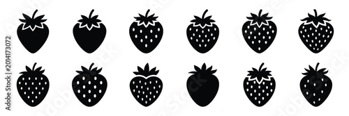 Konstfotografi Summer beach icon set with strawberry 12 black silhouette icons.