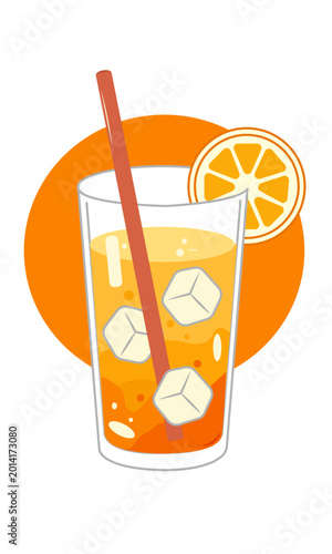 Fresh Orange Juice Cocktail with Ice Cubes and Slice in Flat Style Illustration