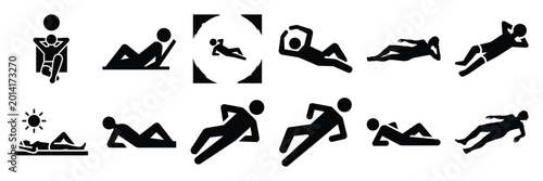 Bild auf Leinwand Summer beach icon set with sun tanning 12 black silhouette icons.