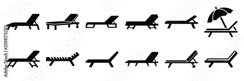 Cuadro en lienzo Summer beach icon set with sun lounger 12 black silhouette icons.