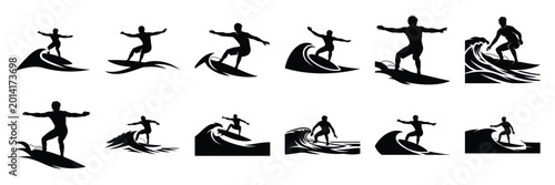 Tableau sur toile Summer beach icon set with surfer 12 black silhouette icons.