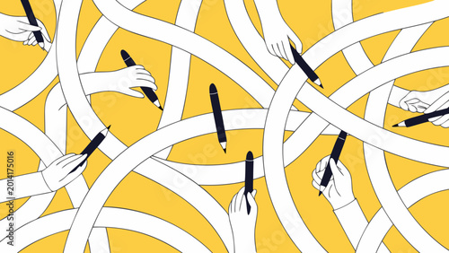 multiple hands drawing with pencils abstract illustration on a yellow background high quality professional detailed modern elegant stylish
