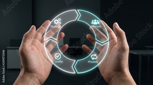 Corporate Management Framework and Operational Excellence Concept: Hands Interacting with Circular Holographic UI for Strategy, People, Process, and Quality