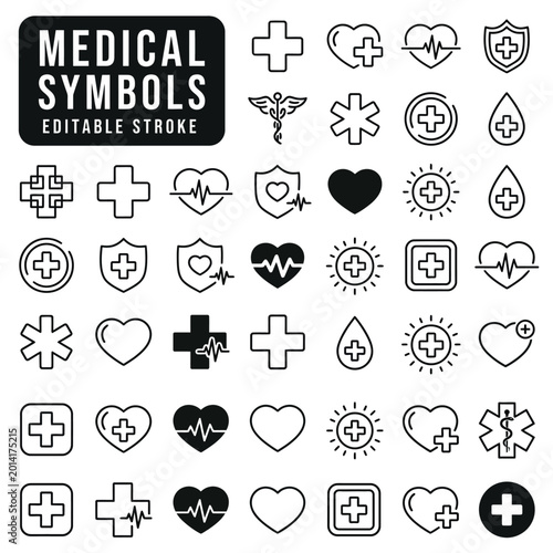 Medical symbols and icons illustrate healthcare concepts and signs.