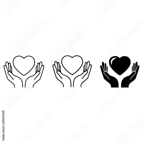 Hands holding various heart symbols in different styles and colors