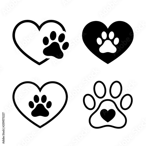 A set of four heart and paw print designs on a white background