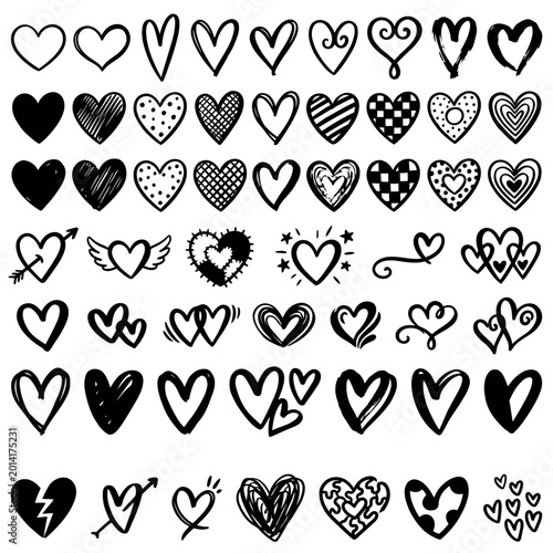 Collection of various heart symbols and illustrations on white background