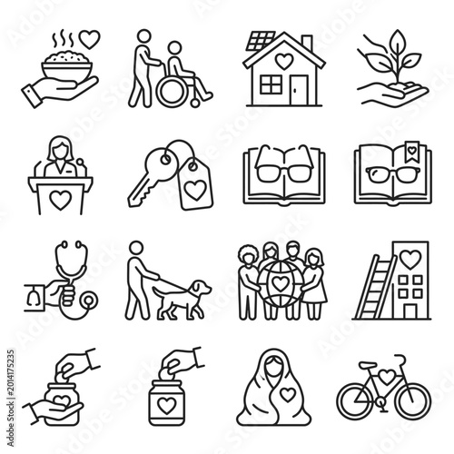 Line icons depict people helping others in various social issues and community settings.