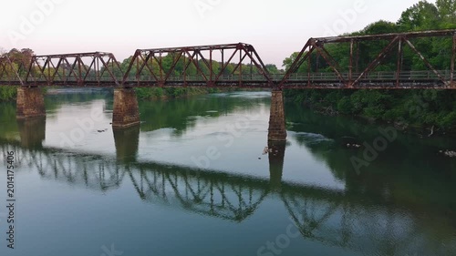 Drone View of Rails to Trails railroad bridge over the Broad River in South Carolina in early morning